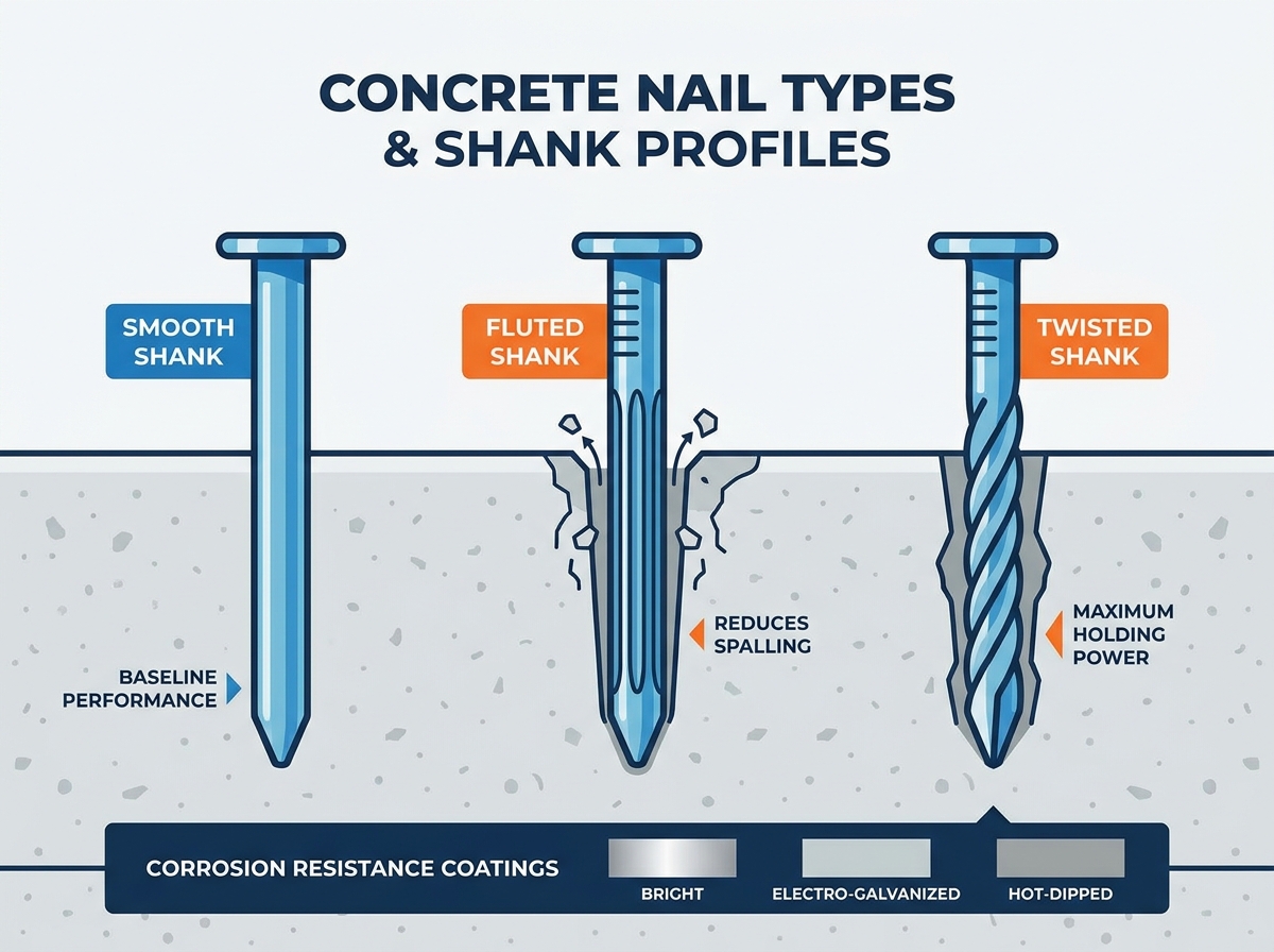 A variety of concrete nail specifications highlighting different lengths and shank types for masonry applications