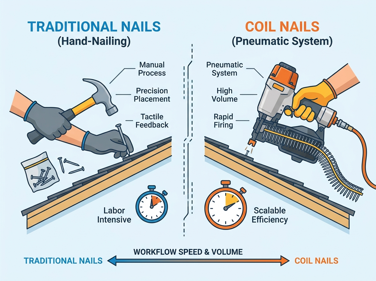 Pneumatic coil nailer in action on a roof