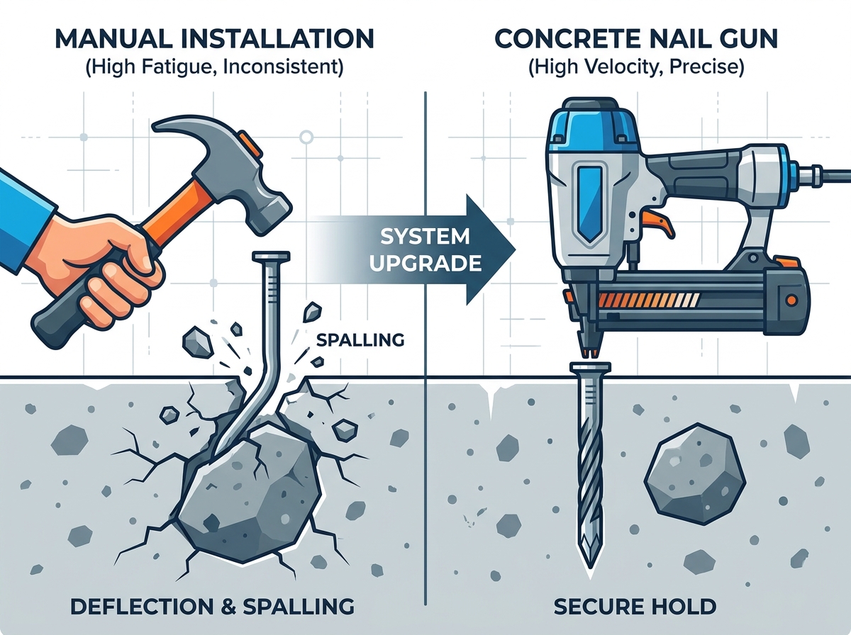 Concrete nailing tool and fasteners